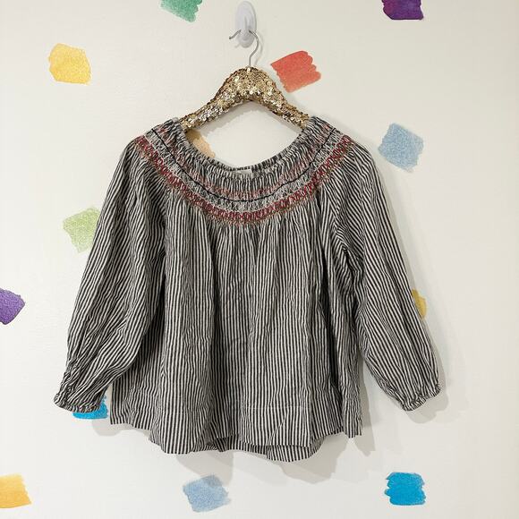 S The GREAT Striped Embroidered Linen Blend Off the Shoulder Blouse - Picture 2 of 4